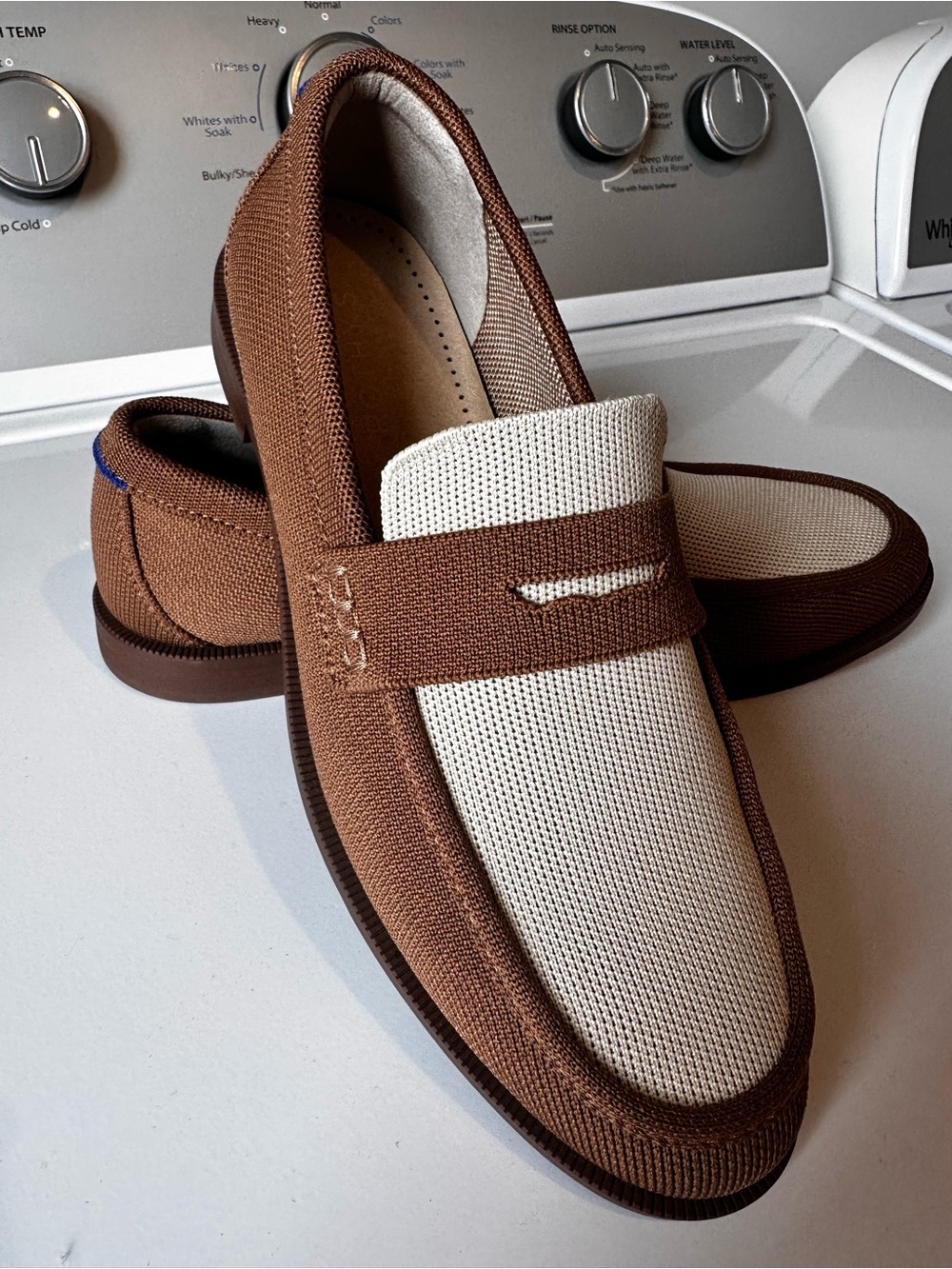 Rothy's Brown and Cream Knit Penny Loafers, Cortado, size 9.5
